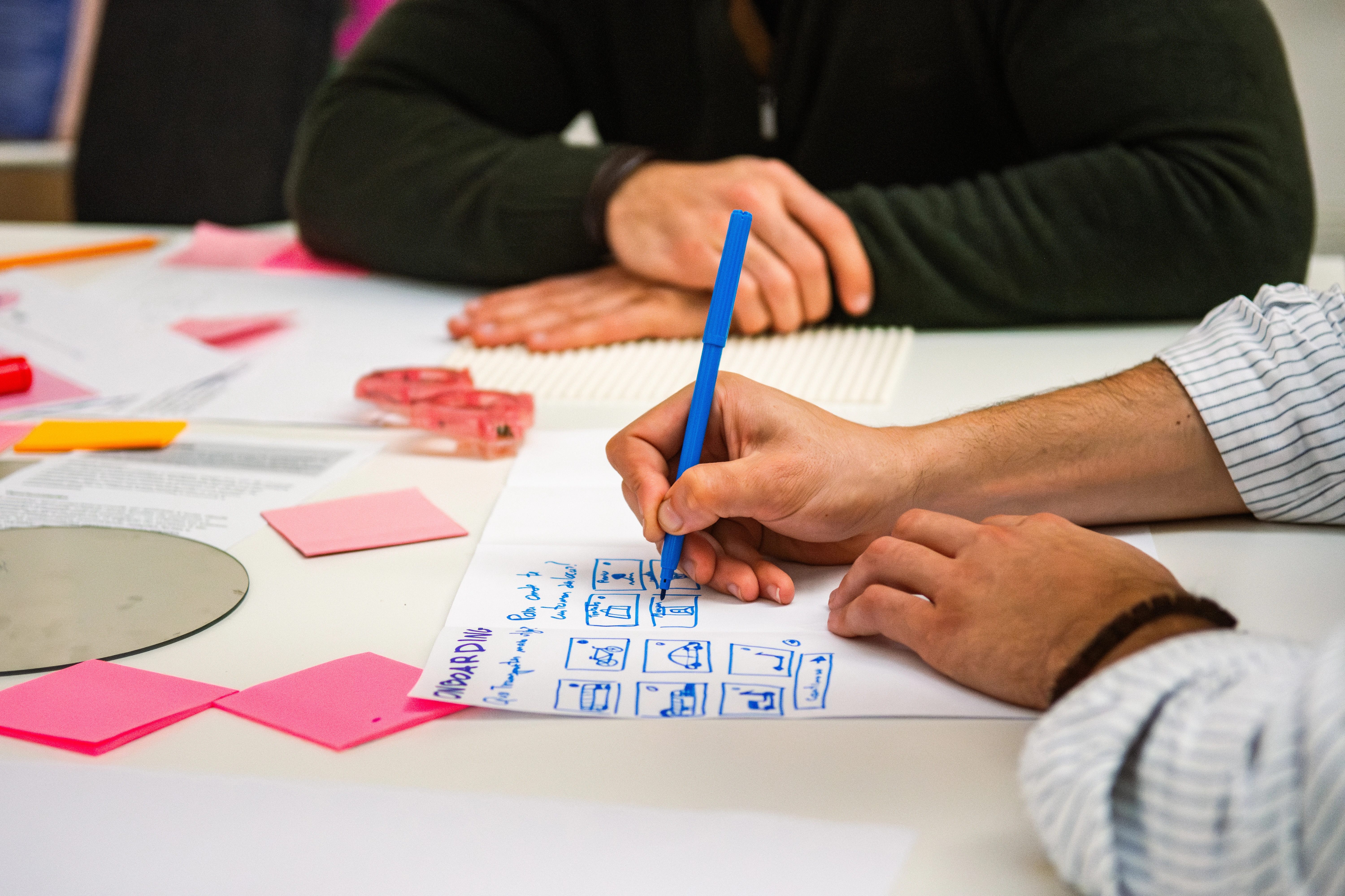Project team writing and discussing ideas with post-its